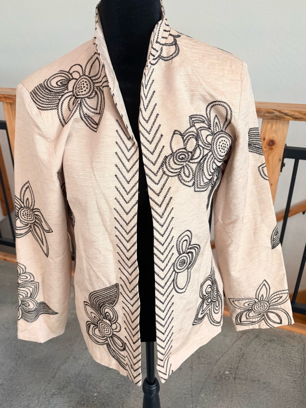 Susan Bristol Beige Jacket with Black Floral Embroidery